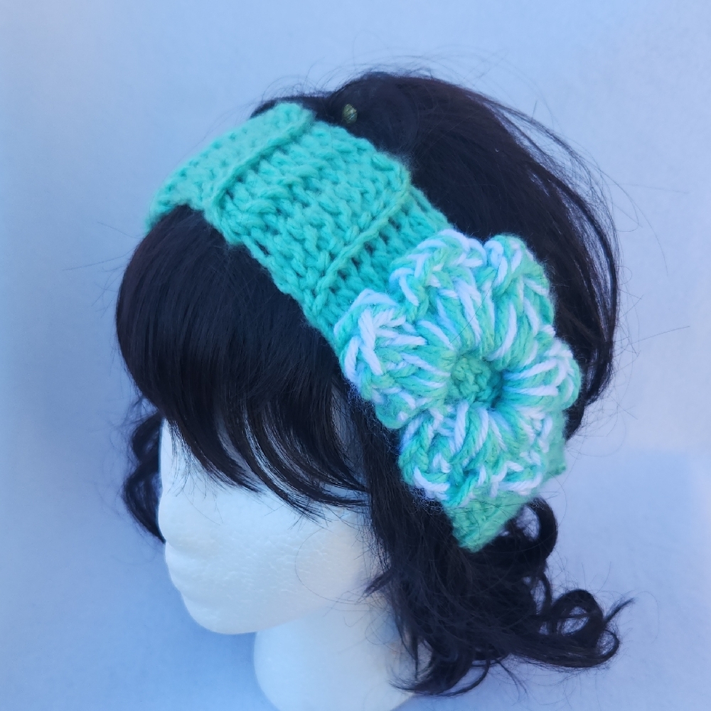 Handmade Crochet Chunky Headband Ear Warmer and Fingerless Mitts Set Wintergreen